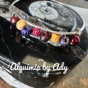 Silver bangle multi color beaded bracelet